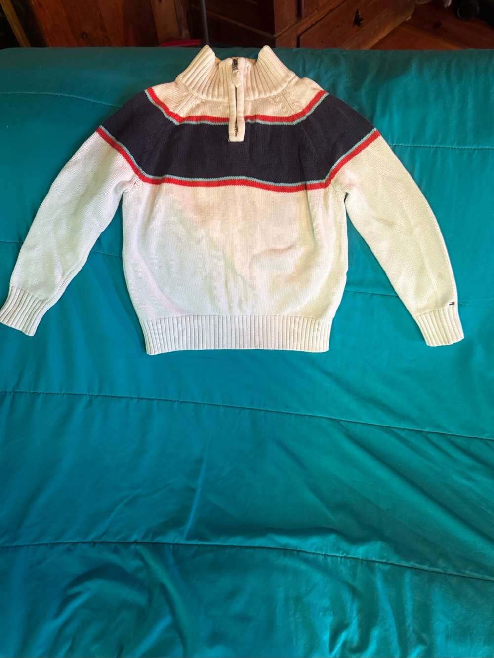 Tommy Hilfiger Vintage Cream Zip-Neck Sweater with Navy and Red Stripes